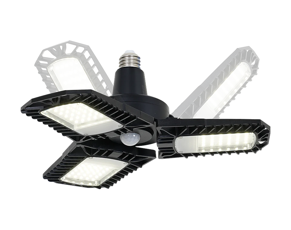Three-panel adjustable LED garage light with E26 base