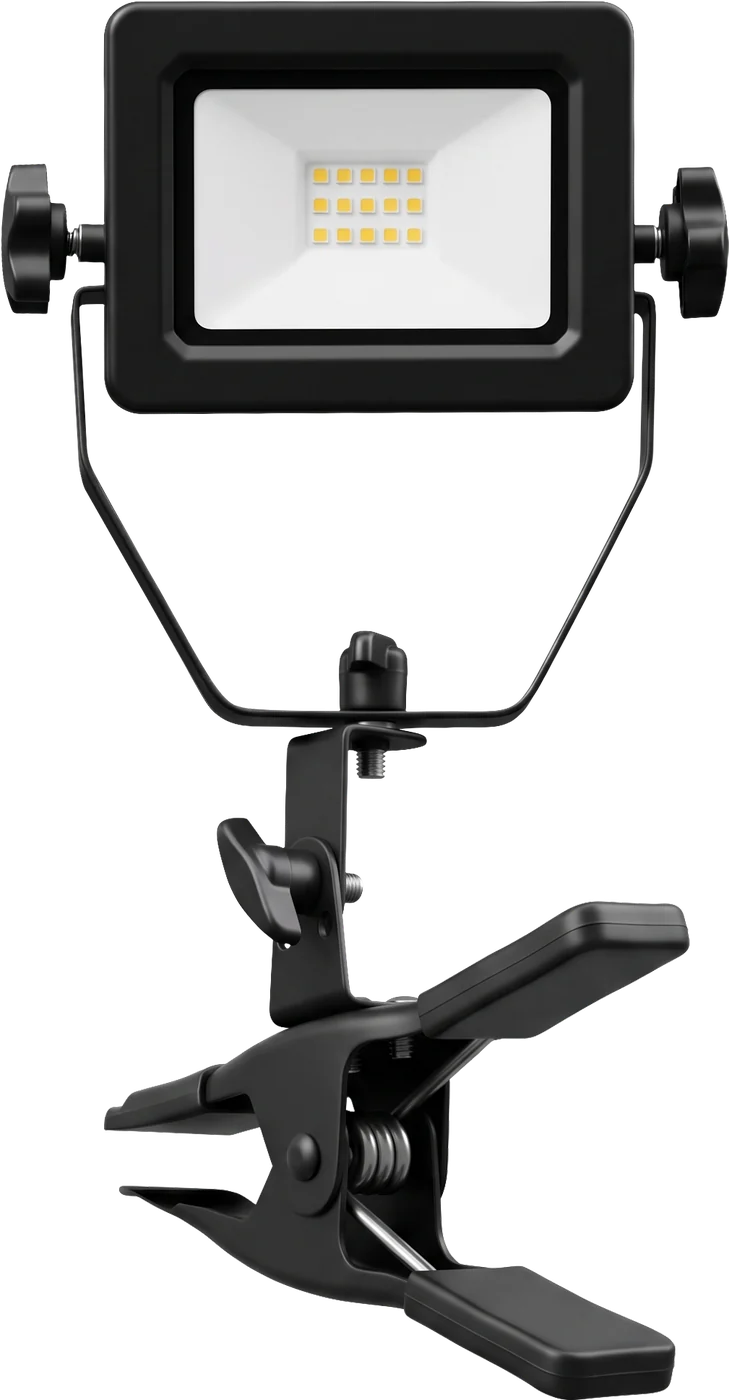 LED clamp work light on a spring clamp with a tilting yoke