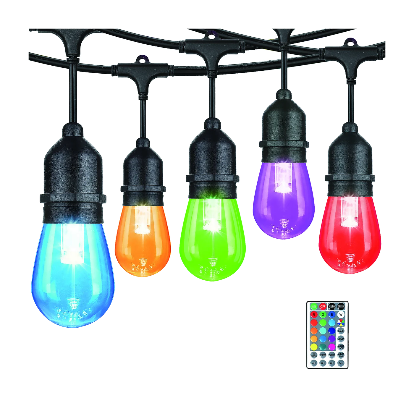 Black-cord string light with colour-changing bulbs