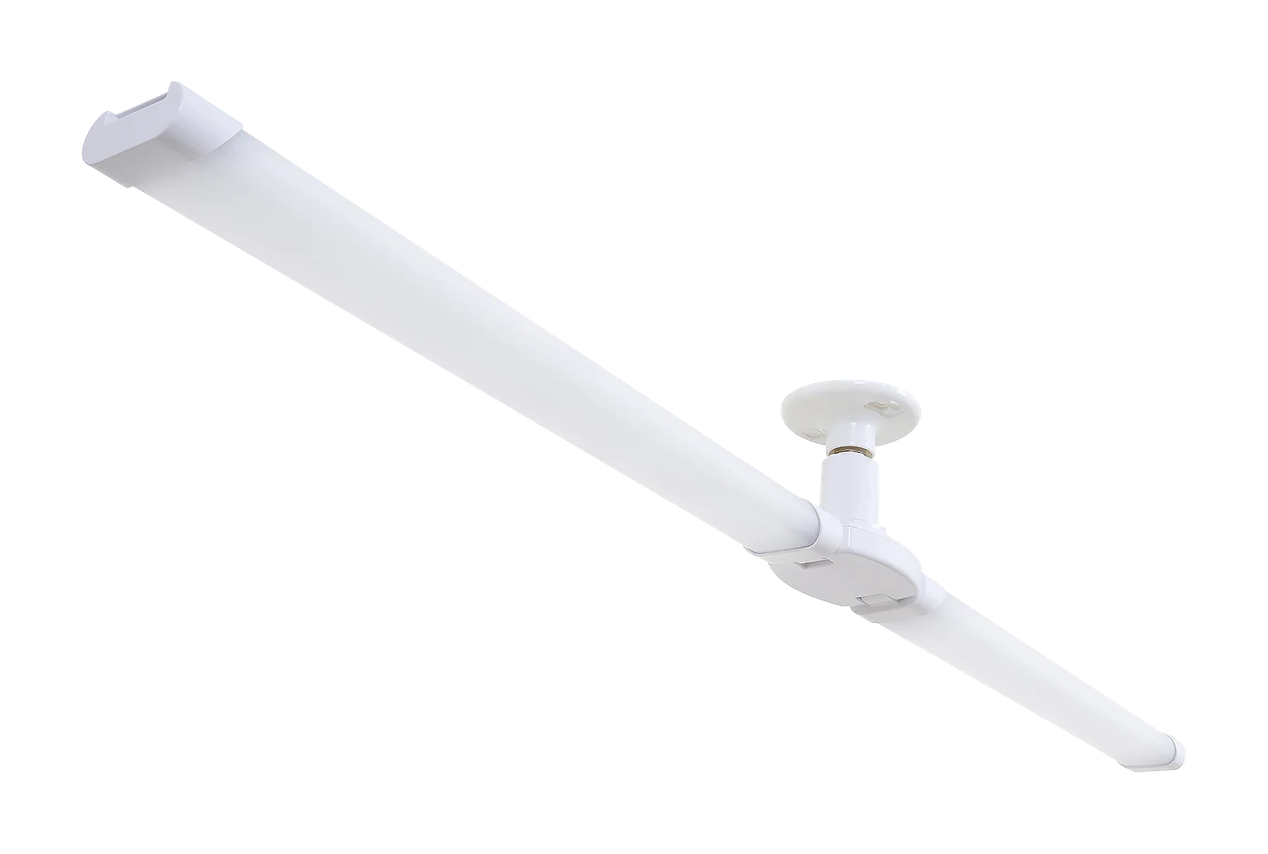 Zone LED shop light — White four foot LED shop light hanging from a ceiling mount
