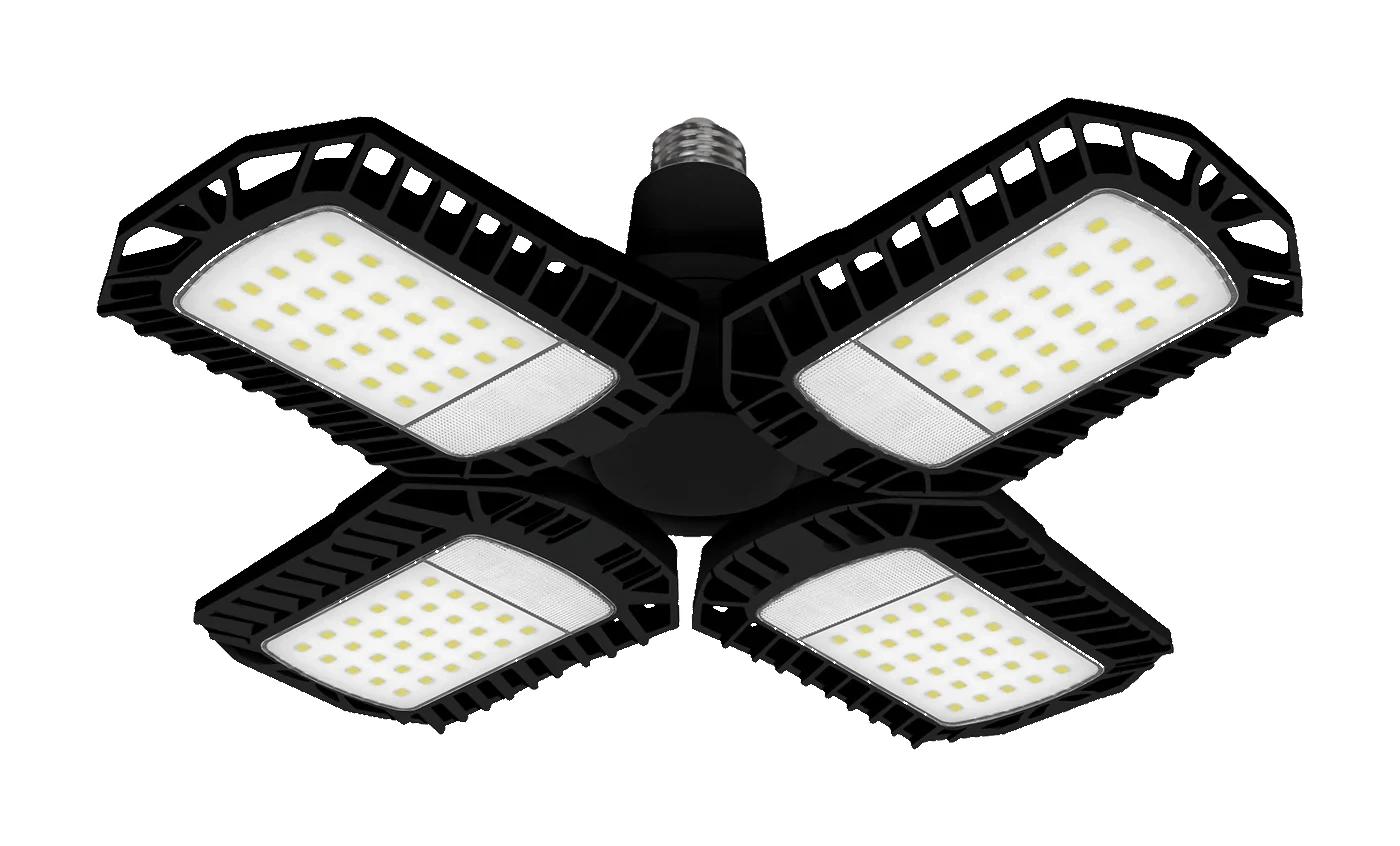 Four-panel LED garage light with E26 base