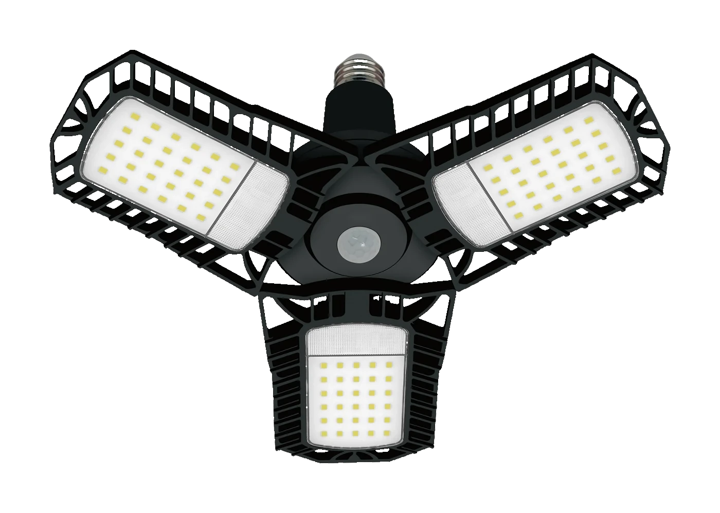 Three-panel LED garage light with motion sensor and E26 base