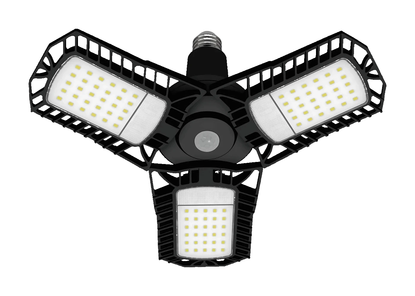 Three-panel LED garage light with motion sensor and E26 base