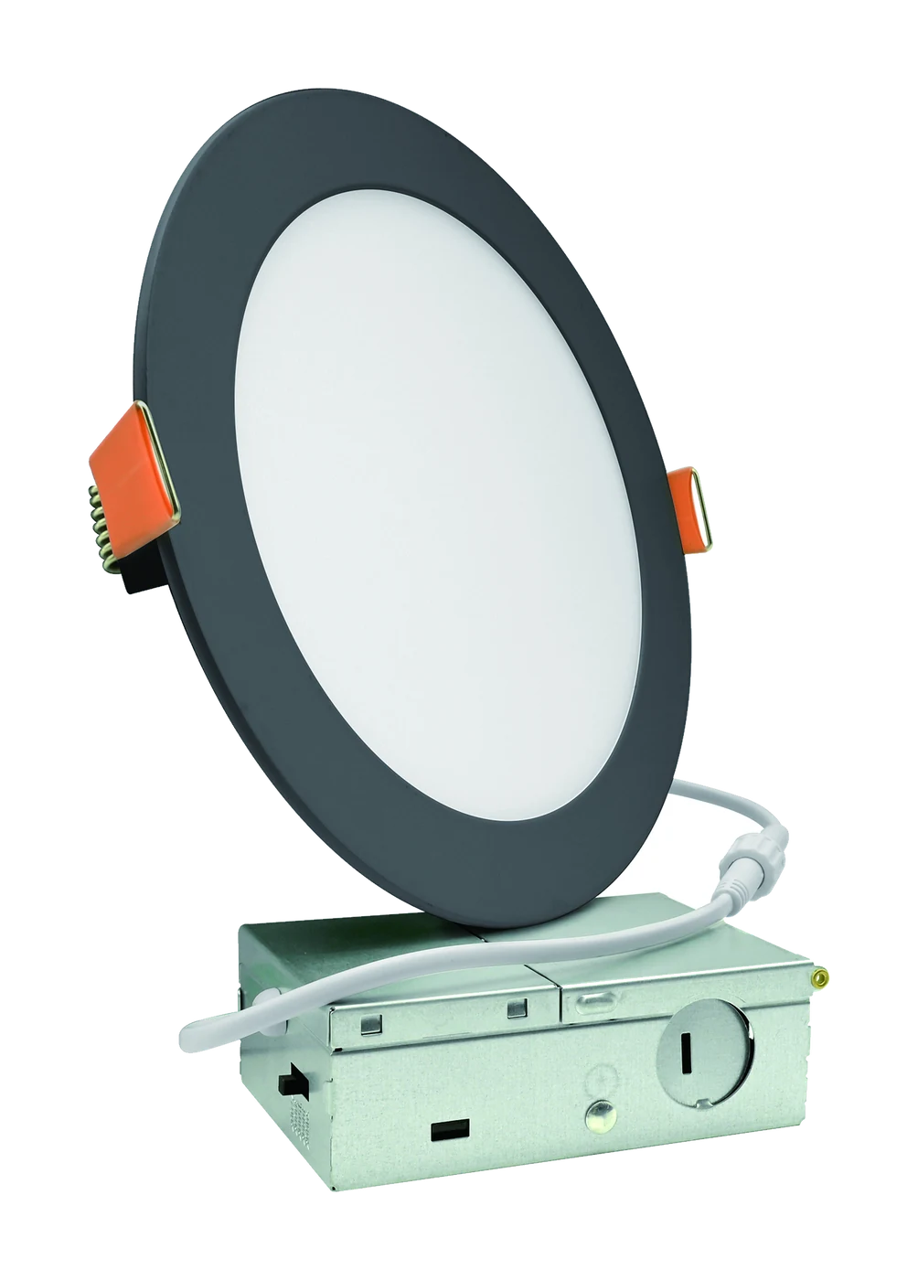 Black-trim slim round recessed LED light with junction box