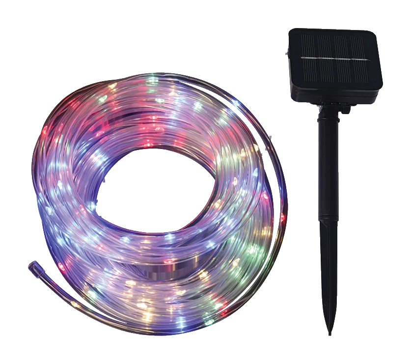 Coil of colour-changing solar LED rope light with solar panel stake