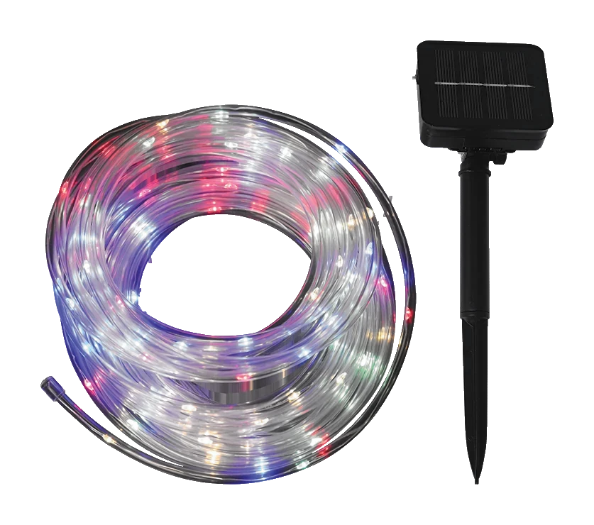 Zone 32.8 ft colour-changing solar rope light — Coil of colour-changing solar LED rope light with solar panel stake