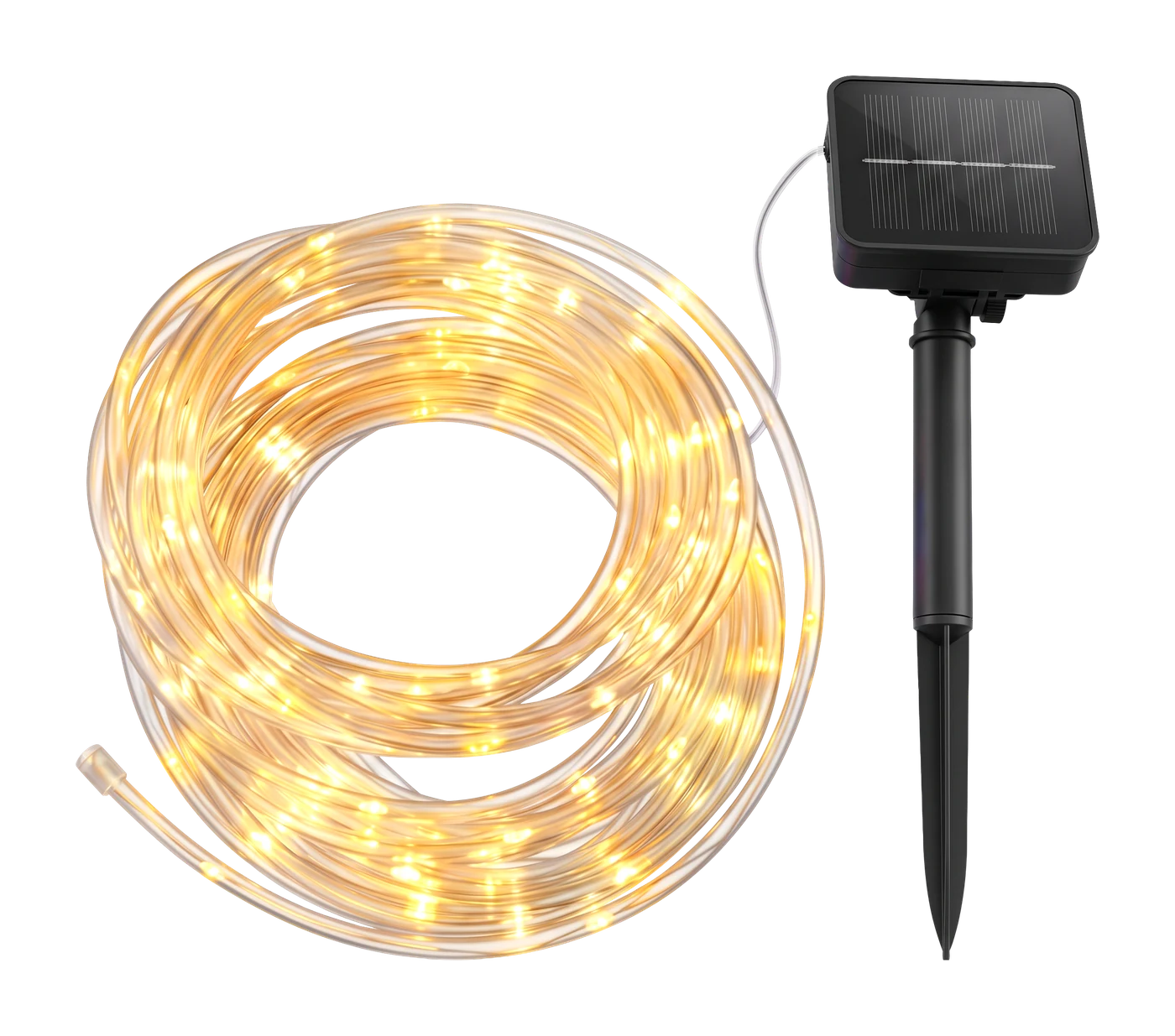 Zone 32.8 ft white solar rope light — Coil of warm white solar LED rope light with solar panel stake