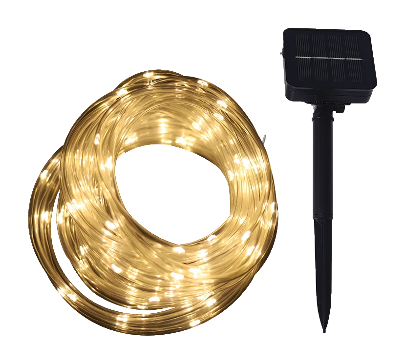 Coil of warm white solar LED rope light with solar panel stake