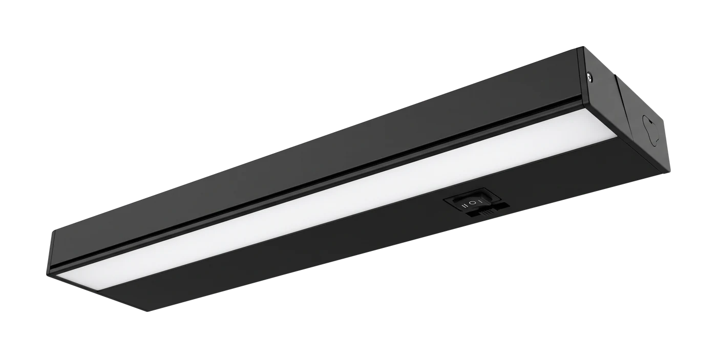Zone 12 in. 3-CCT linkable under-cabinet light — Black 12 inch linkable under-cabinet LED light viewed at an angle