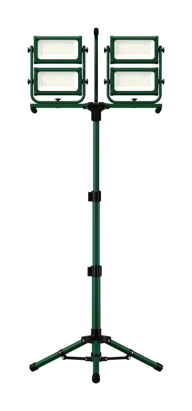 Zone 40,000 lumen LED tripod work light — Four-head LED work light on a green tripod viewed from the front