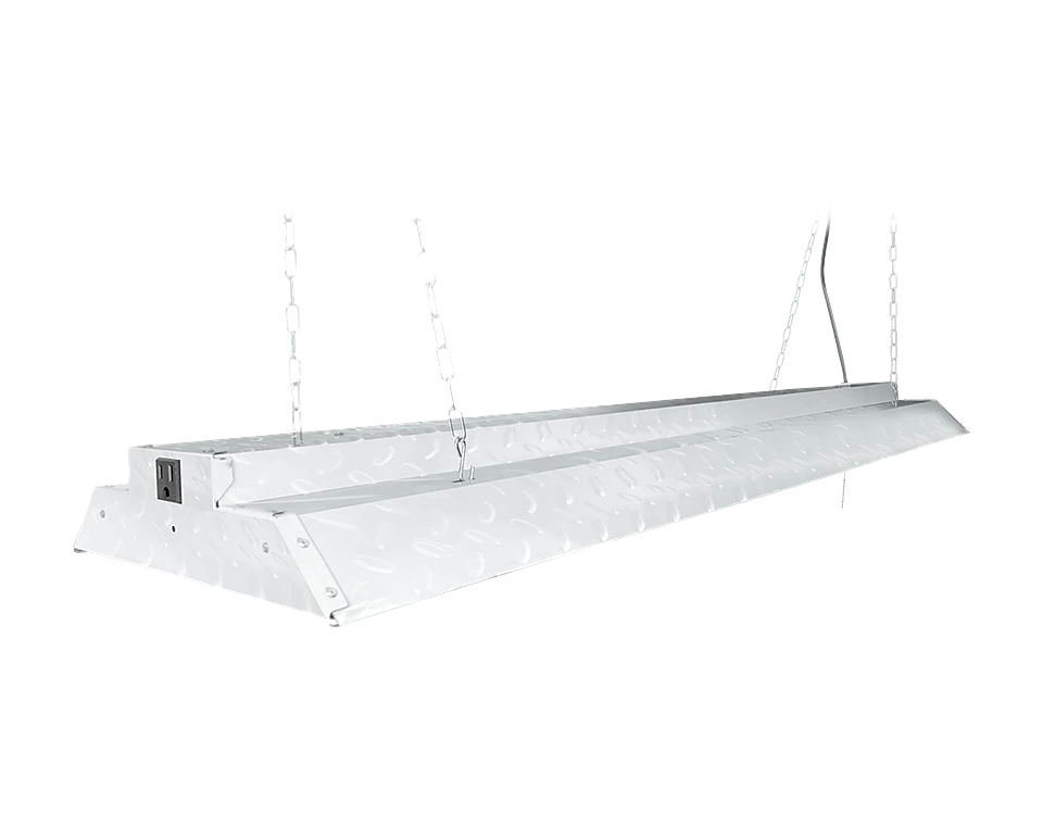 White four foot two-tube shop light hanging on chains