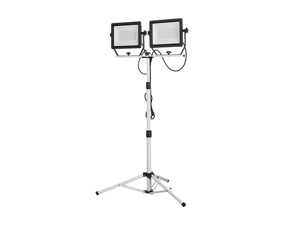 Two LED work light heads on a telescoping tripod