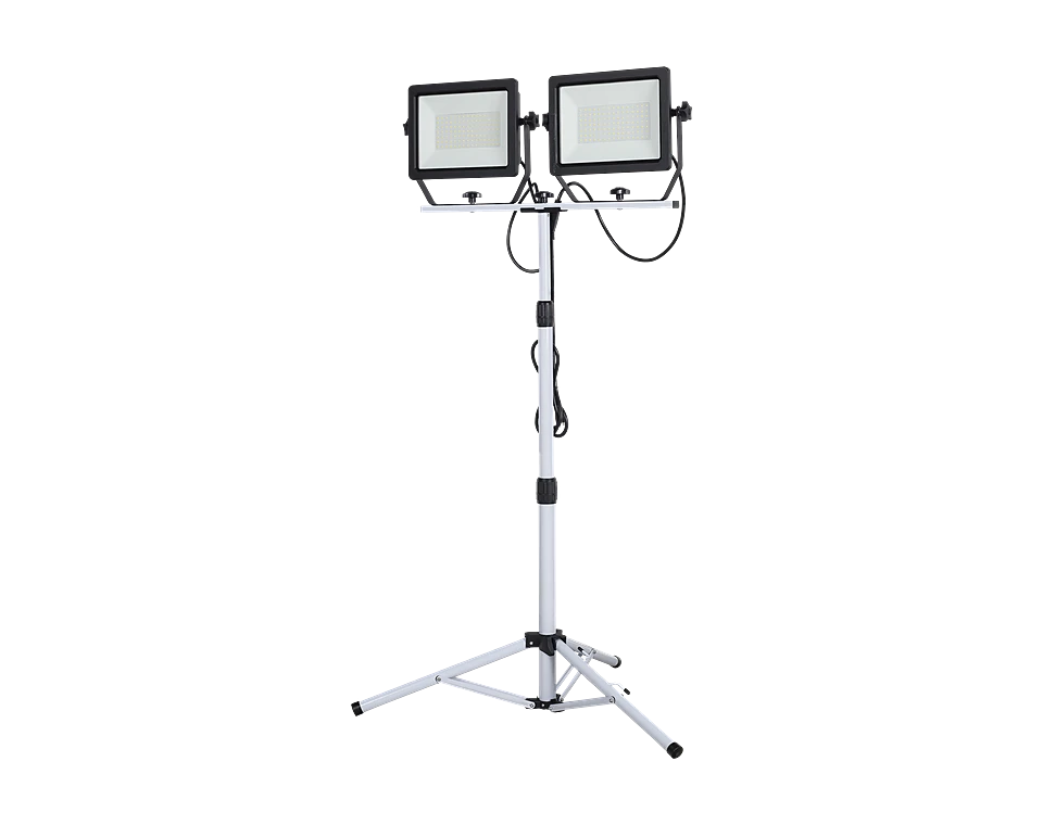 Two LED work light heads on a telescoping tripod
