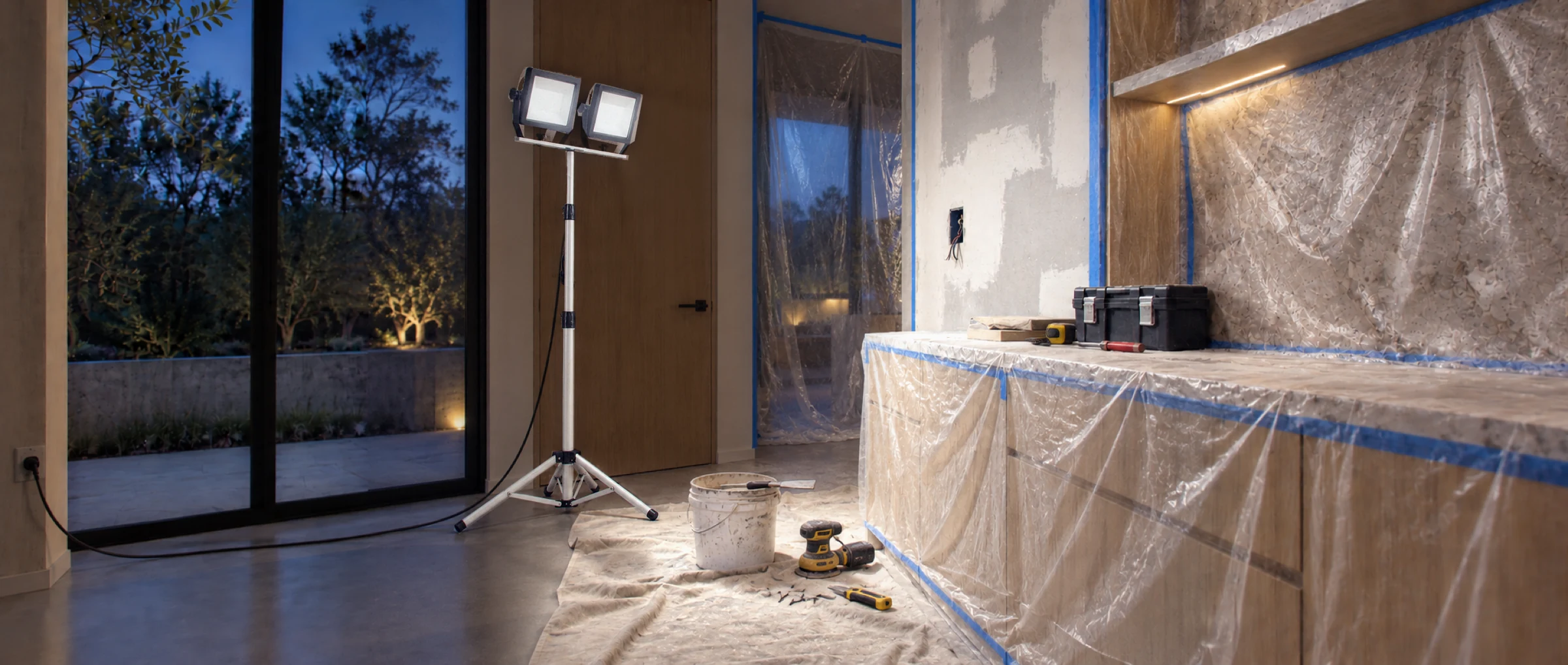 Dual-head tripod work light switched on in a work at dusk (illustration)