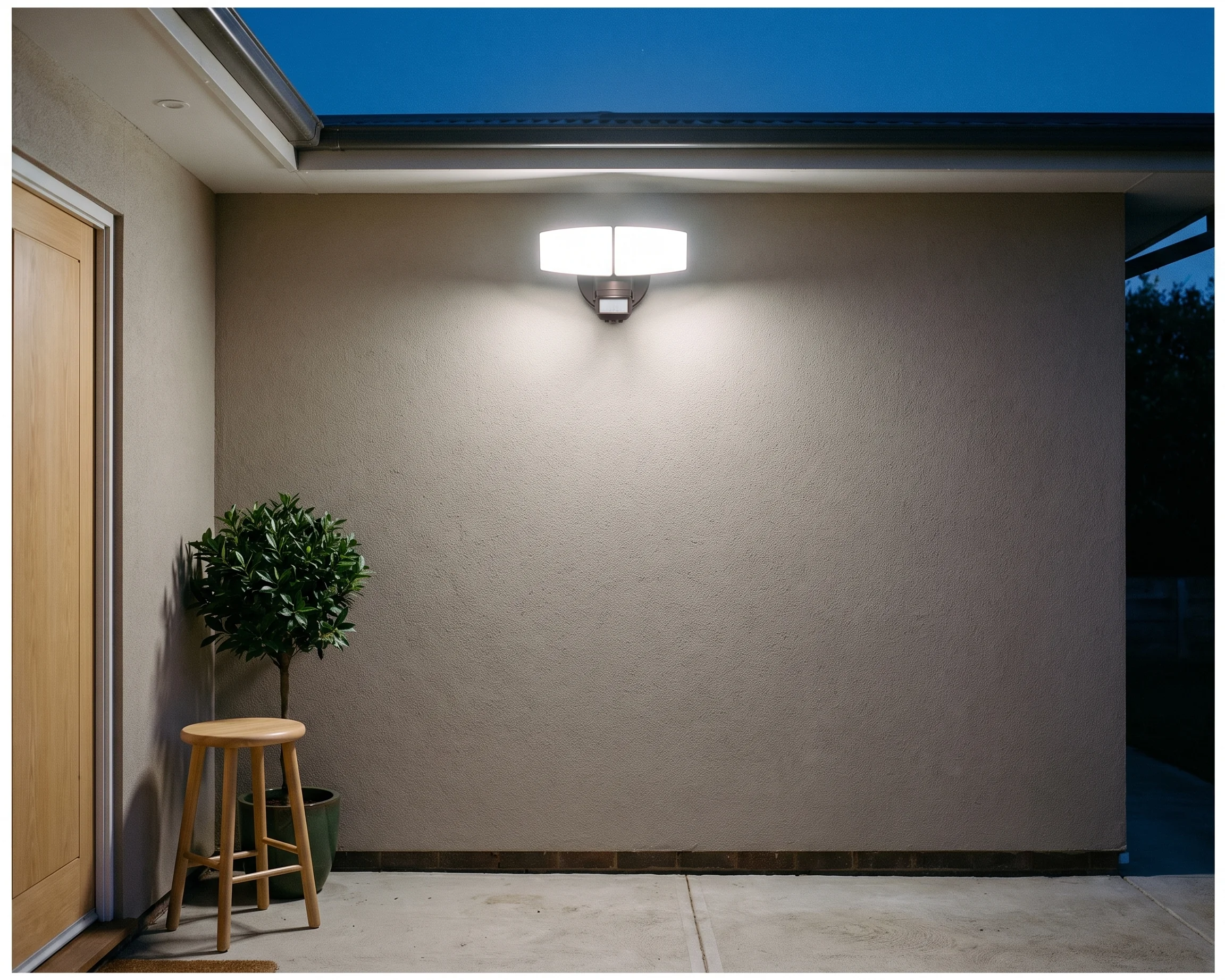 2-head motion security light, shown in a typical installation (illustration)