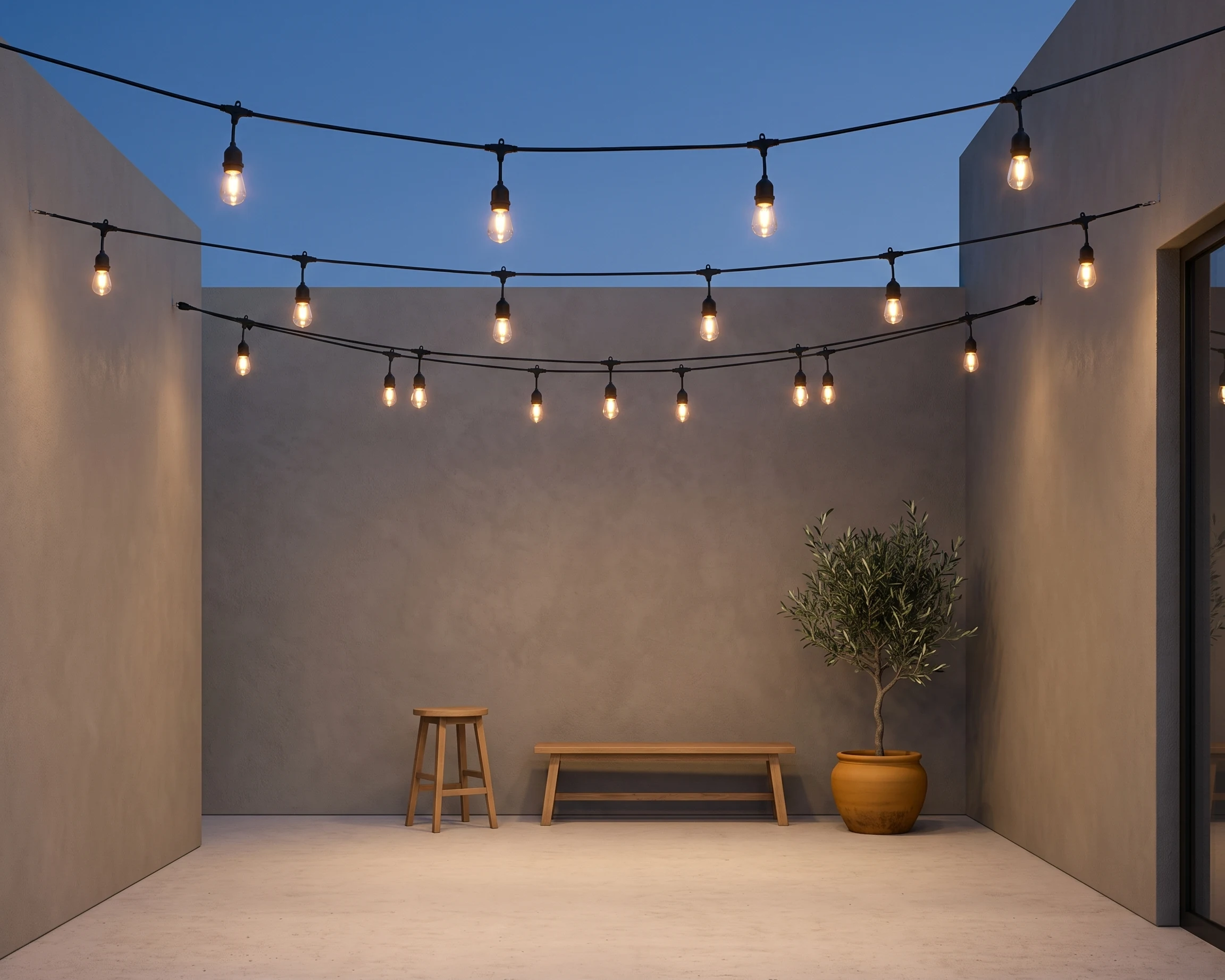 Café string light, shown in a typical installation (illustration)