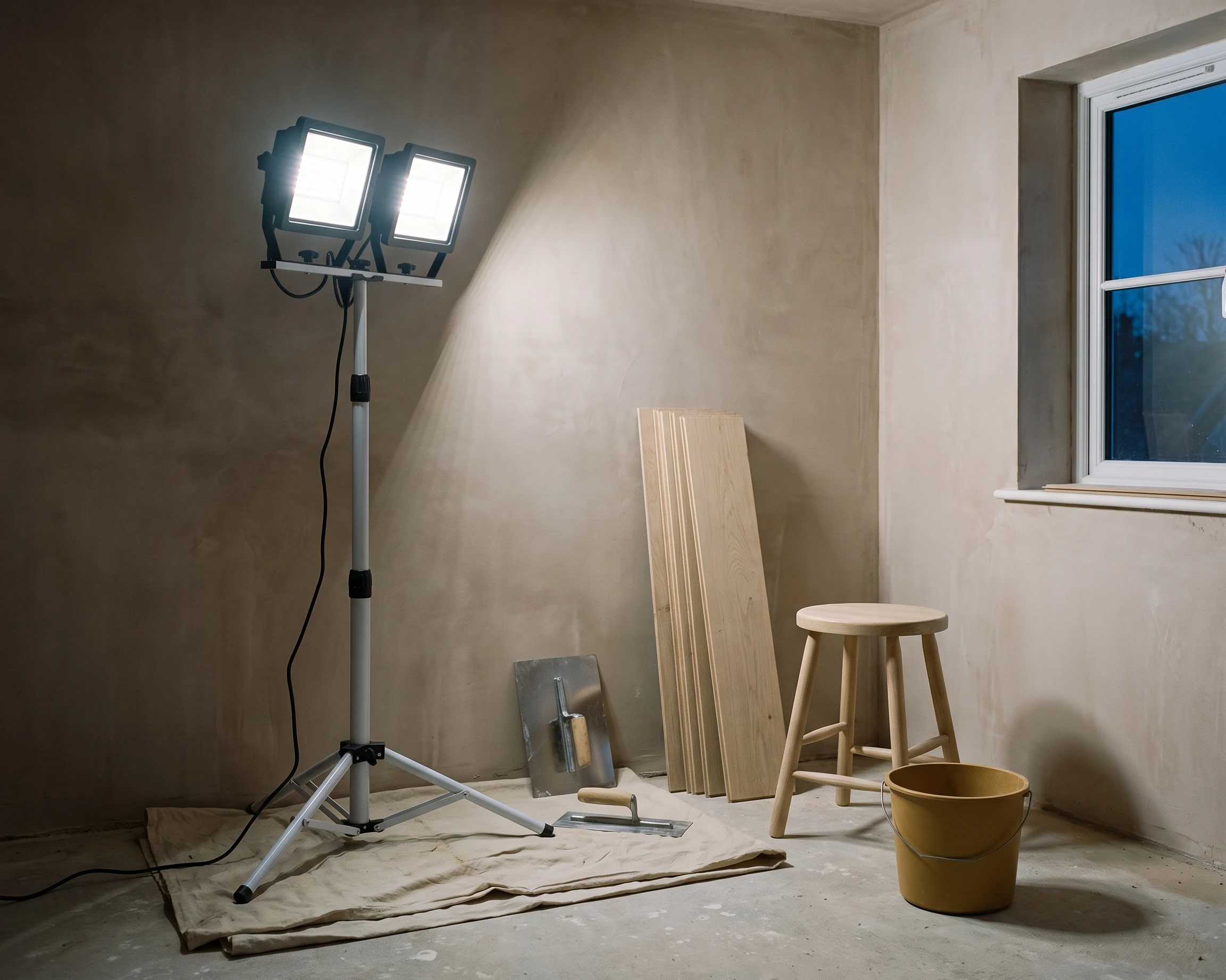 Dual-head tripod work light, shown in a typical installation (illustration)