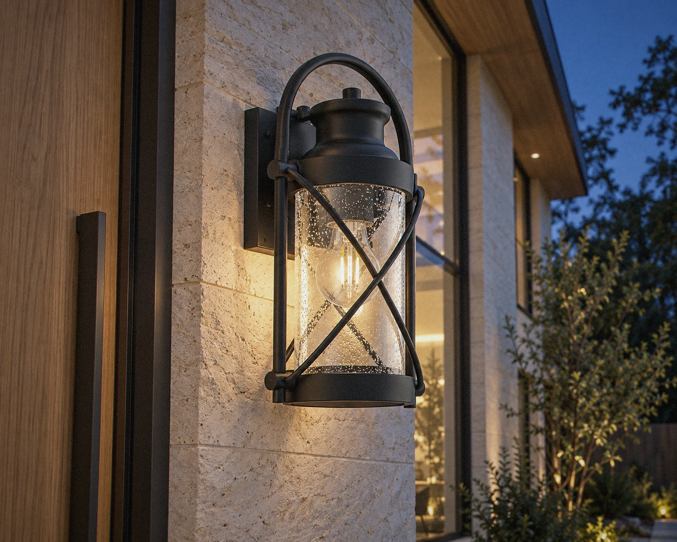 Zone Lanty dusk-to-dawn matte black outdoor wall light, shown in a typical installation (illustration)