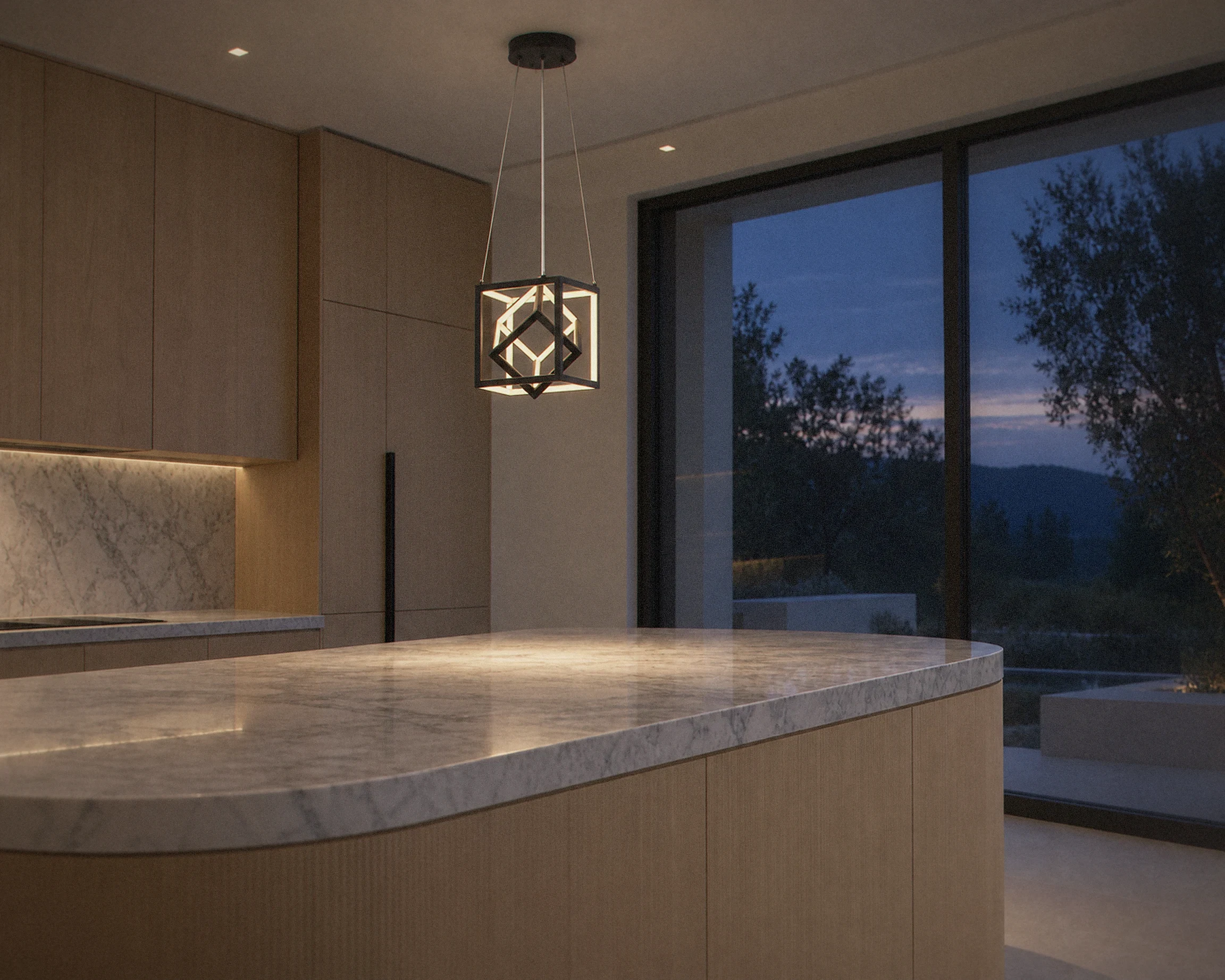 Zone Cybi black LED pendant, shown in a typical installation (illustration)