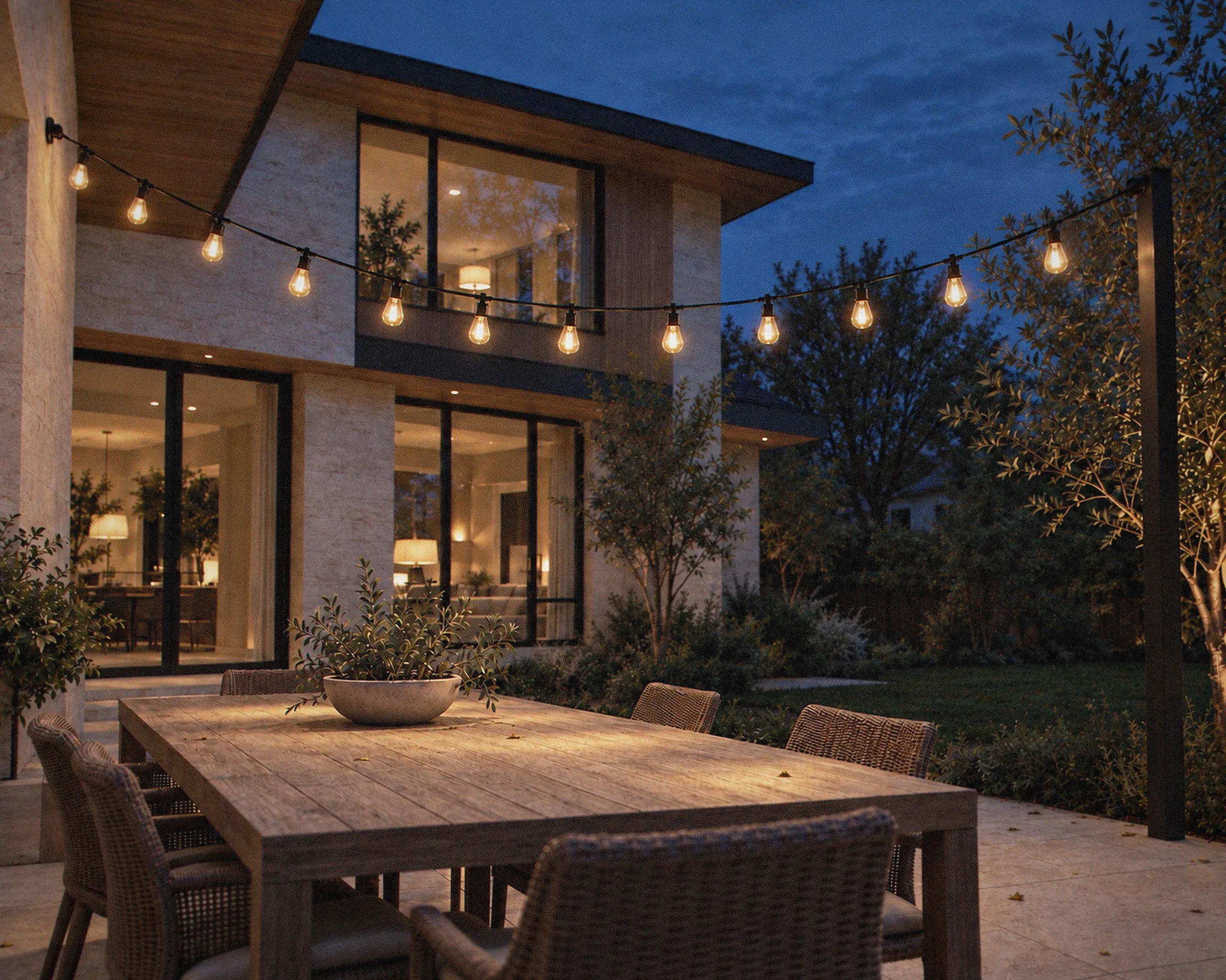 Zone 24 ft 12-light warm white LED café string light, shown in a typical installation (illustration)