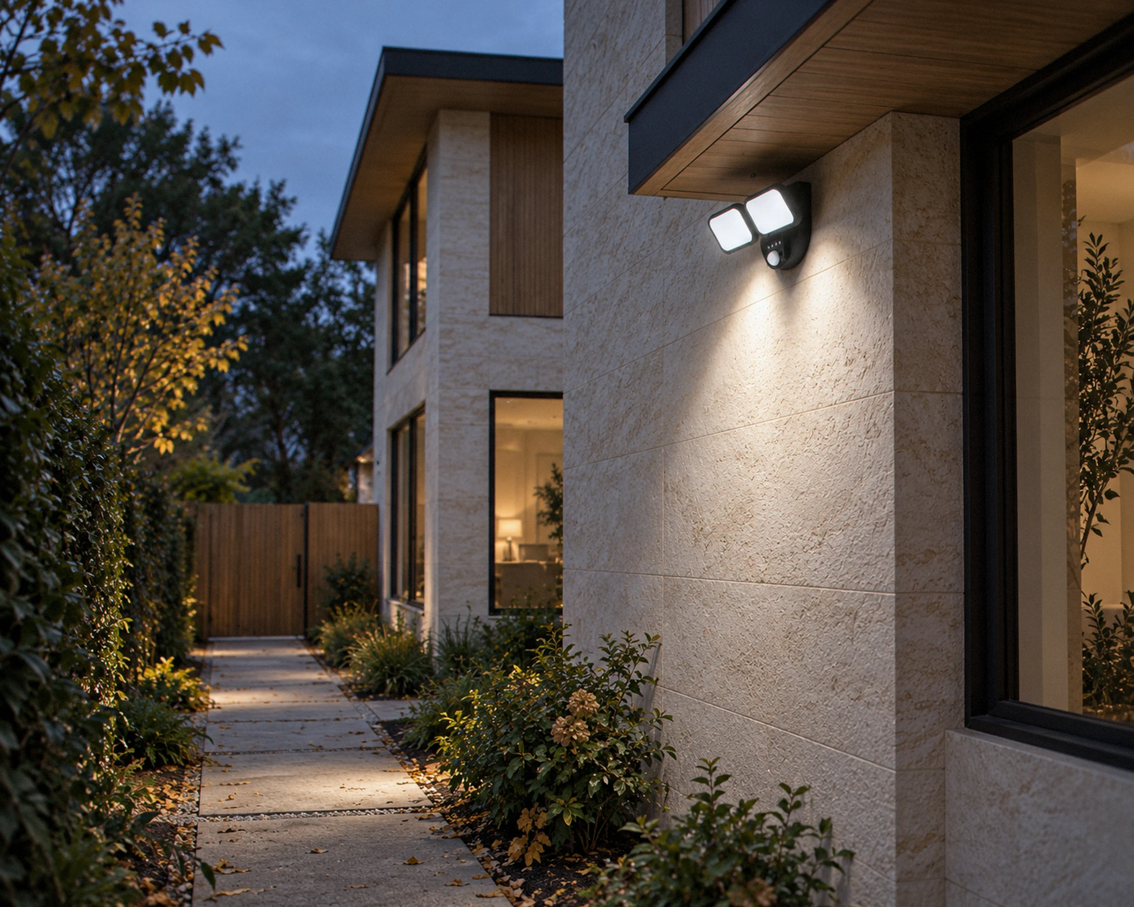 Zone Dual-head motion security flood light, black, shown in a typical installation (illustration)