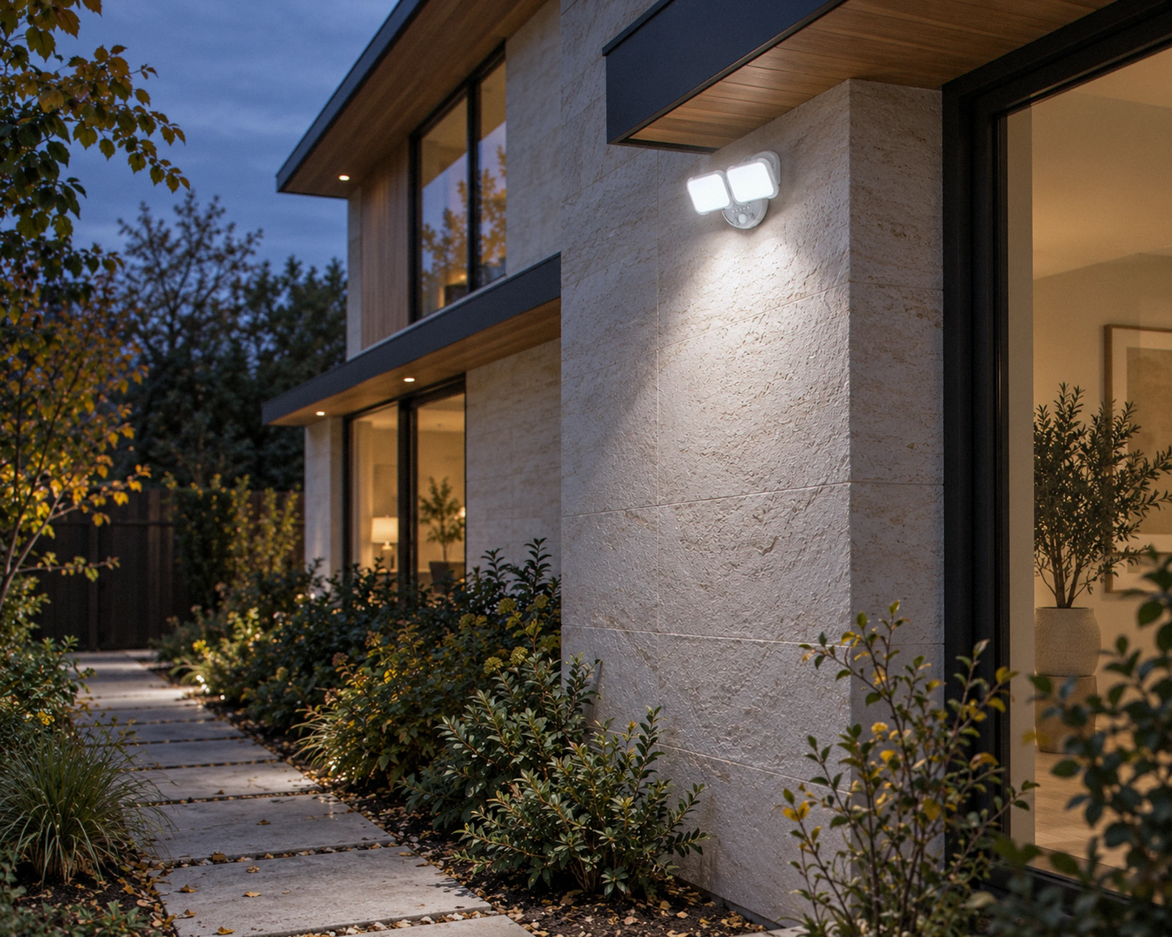 Zone Dual-head motion security flood light, white, shown in a typical installation (illustration)