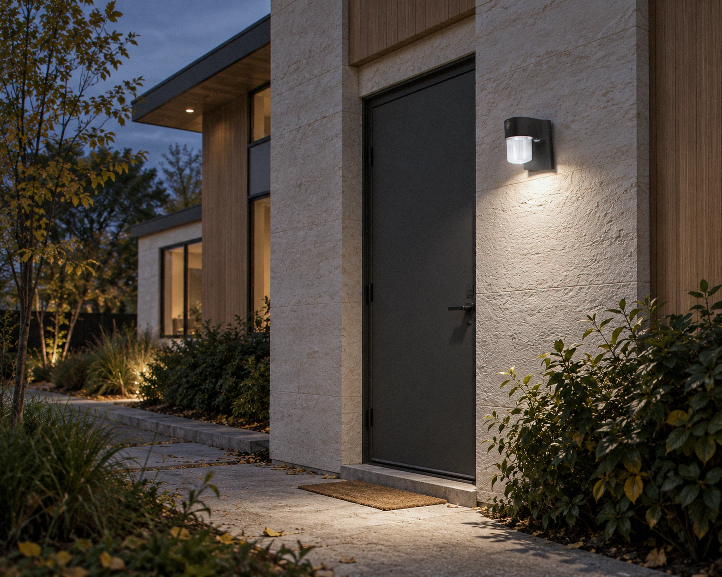 Zone Dusk-to-dawn jelly jar security light, black, shown in a typical installation (illustration)