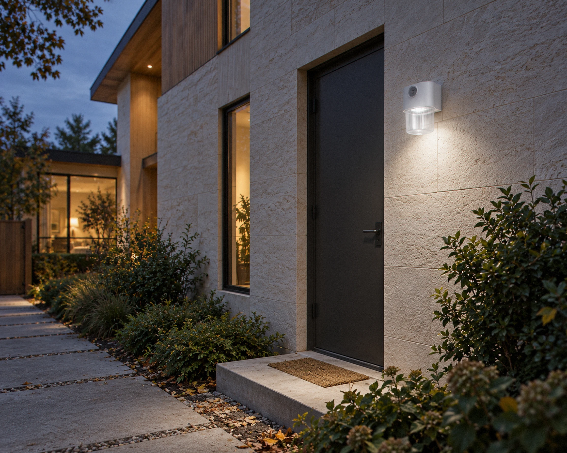 Zone Dusk-to-dawn jelly jar security light, white, shown in a typical installation (illustration)
