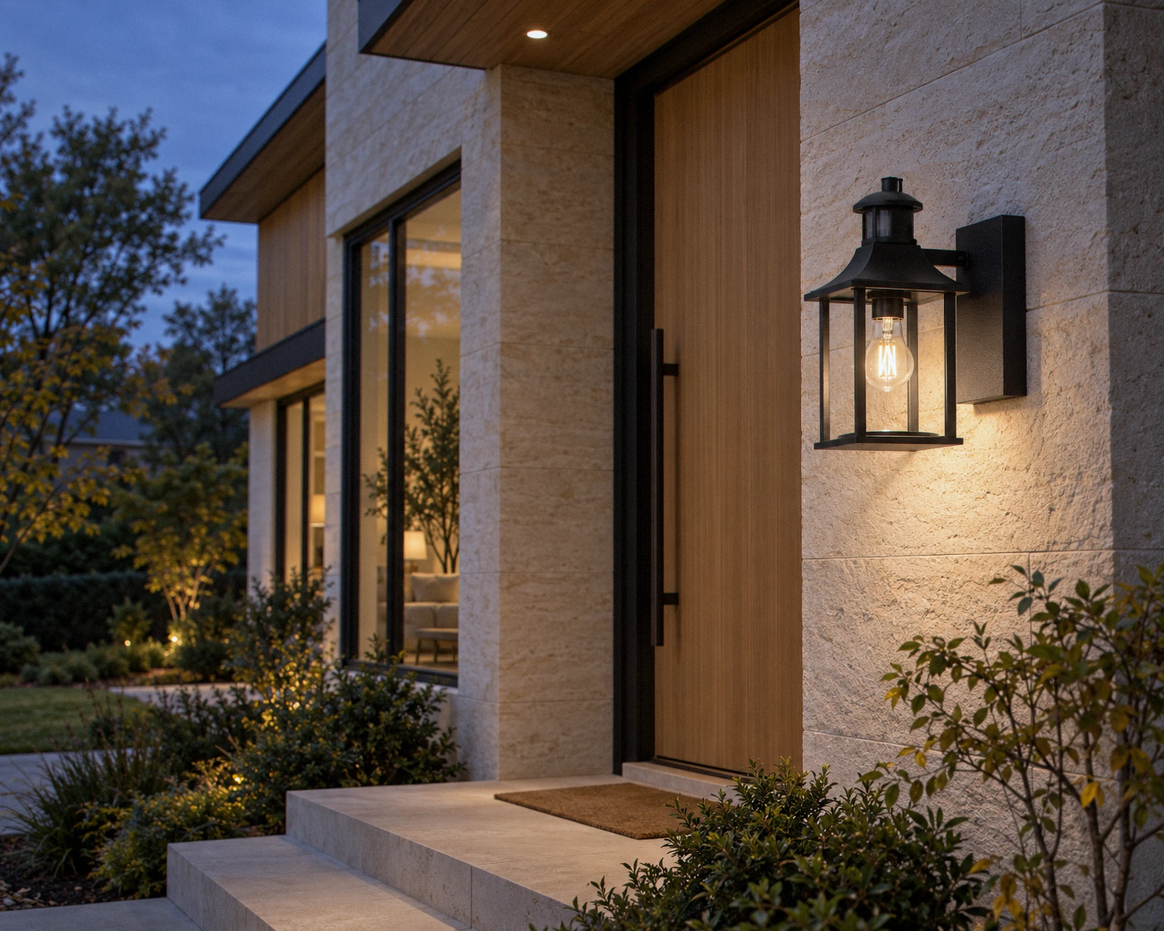 Zone Black outdoor wall lantern, shown in a typical installation (illustration)