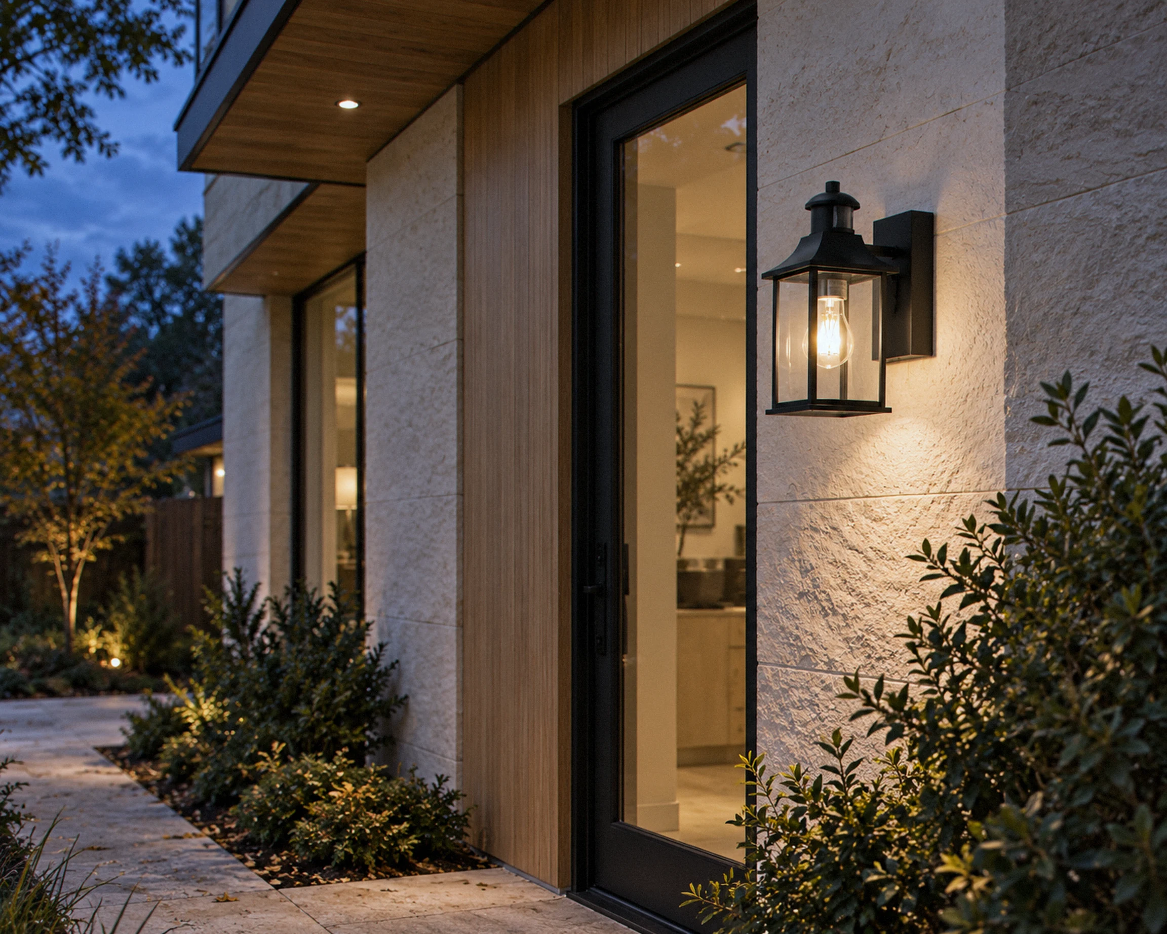 Zone Motion-sensor outdoor wall lantern, shown in a typical installation (illustration)