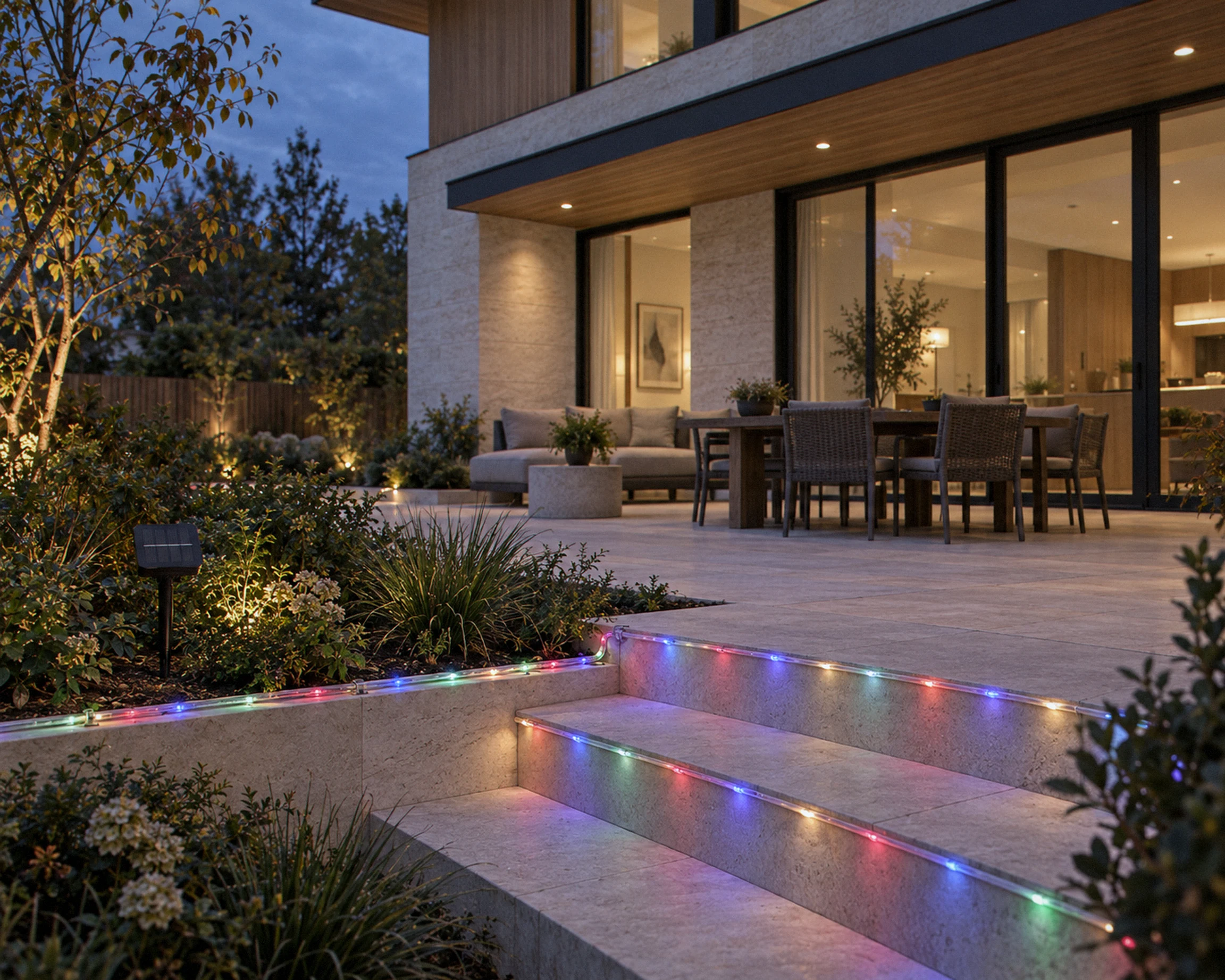 Zone 32.8 ft colour-changing solar rope light, shown in a typical installation (illustration)