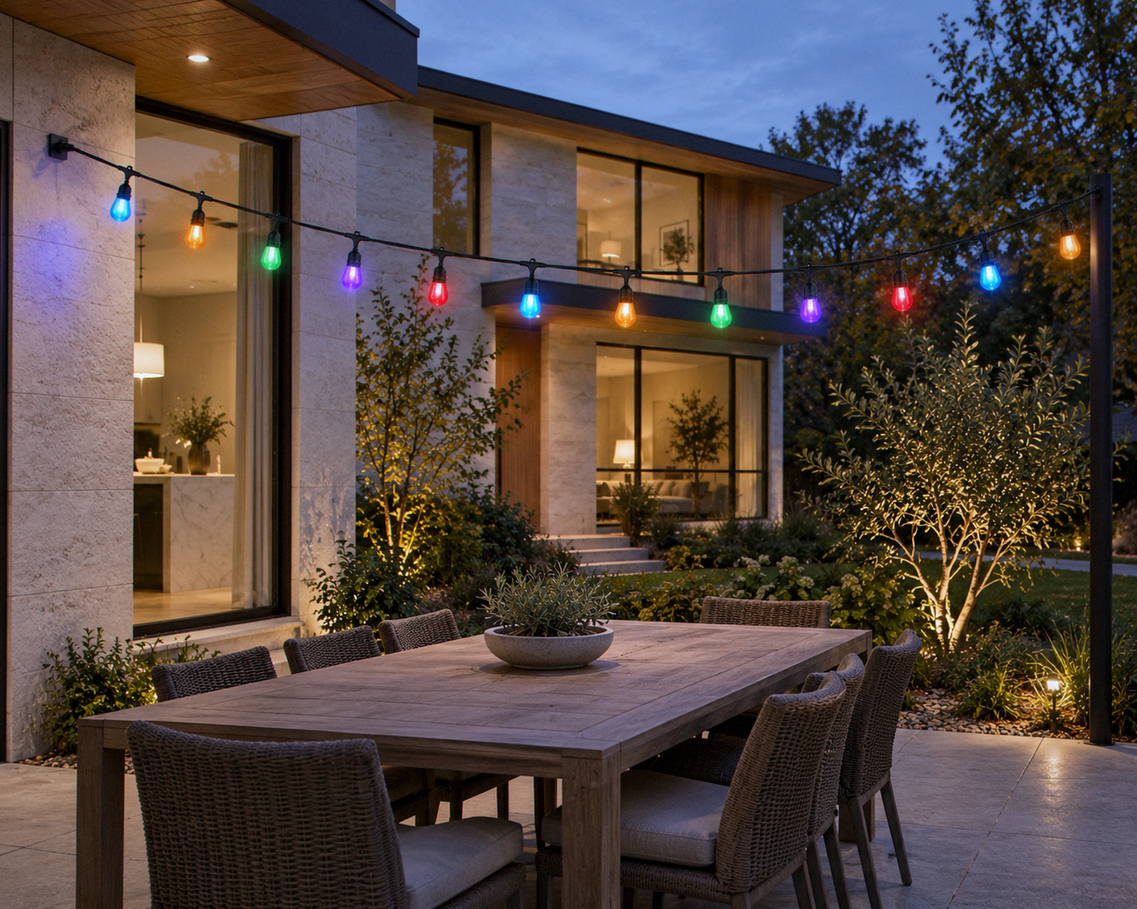 Zone 24 ft 12-light colour-changing string light, shown in a typical installation (illustration)