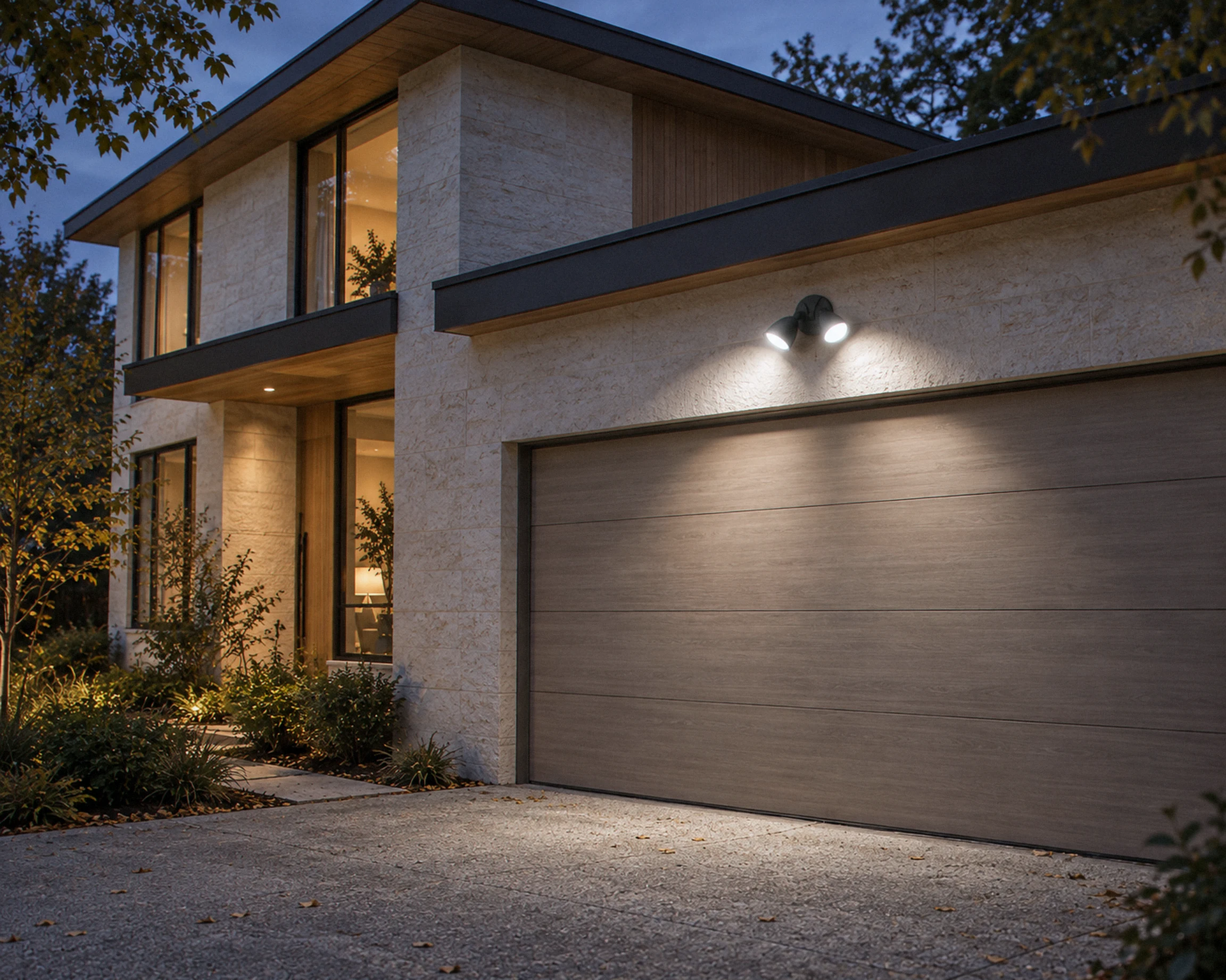 Zone Dusk-to-dawn twin security light, black, shown in a typical installation (illustration)