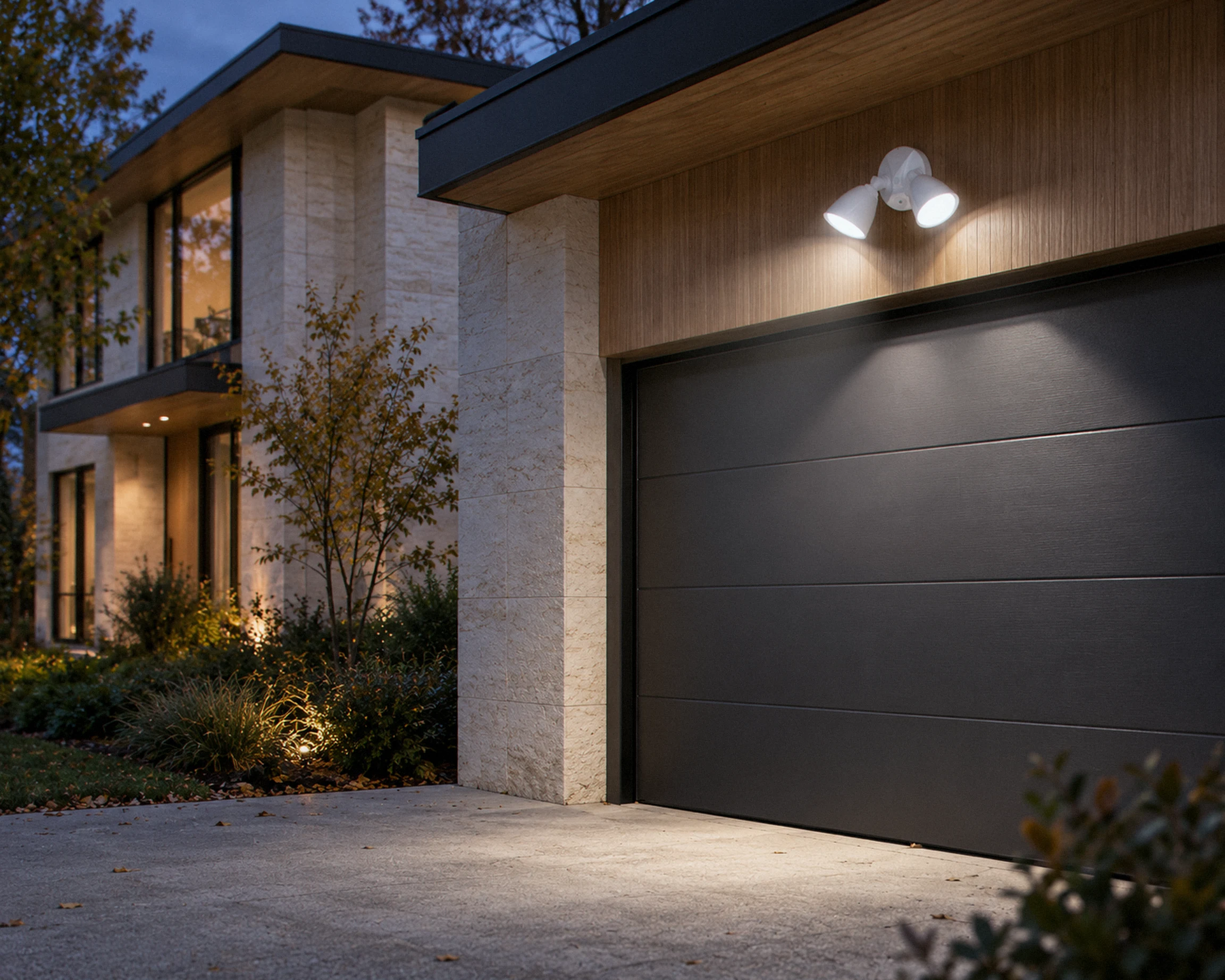 Zone Dusk-to-dawn twin security light, white, shown in a typical installation (illustration)