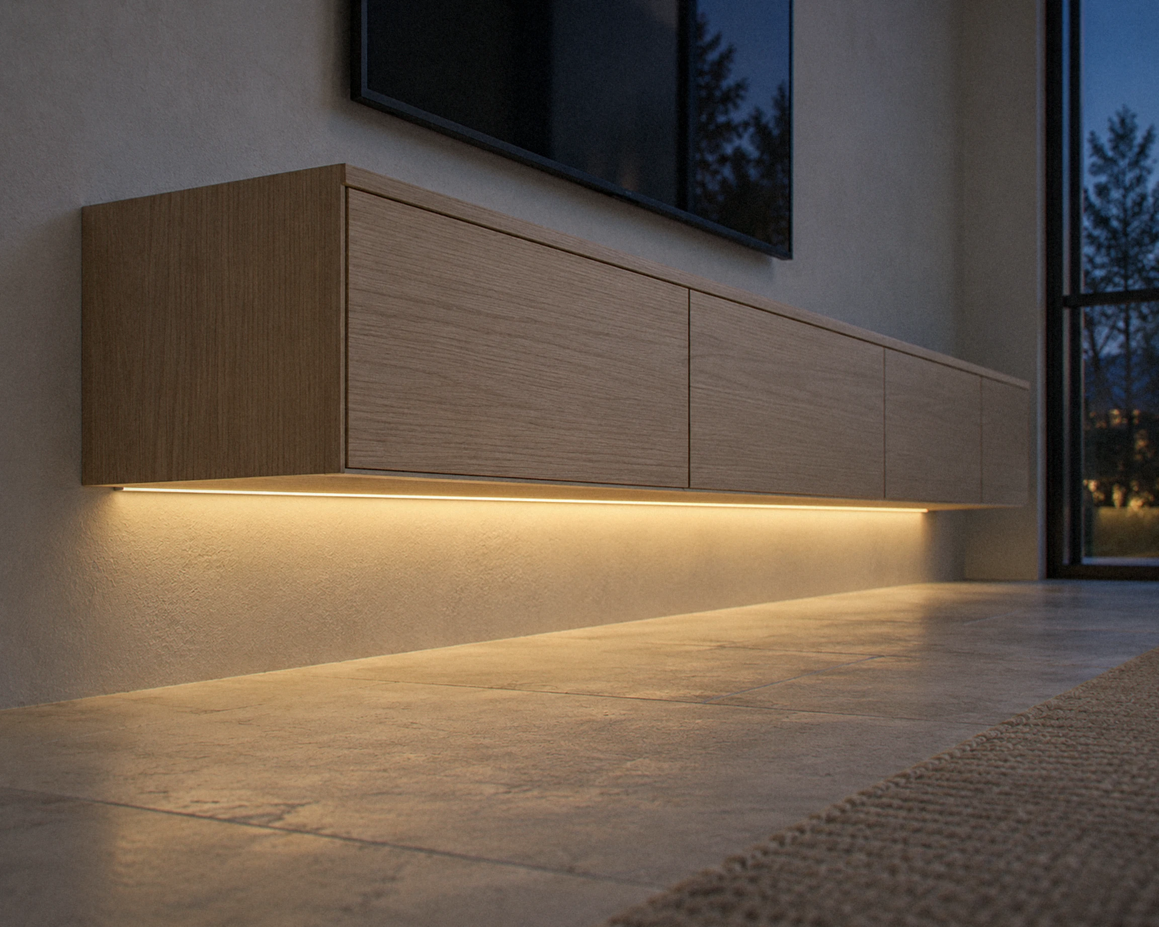 Zone 13 ft smart RGBW tape light, shown in a typical installation (illustration)