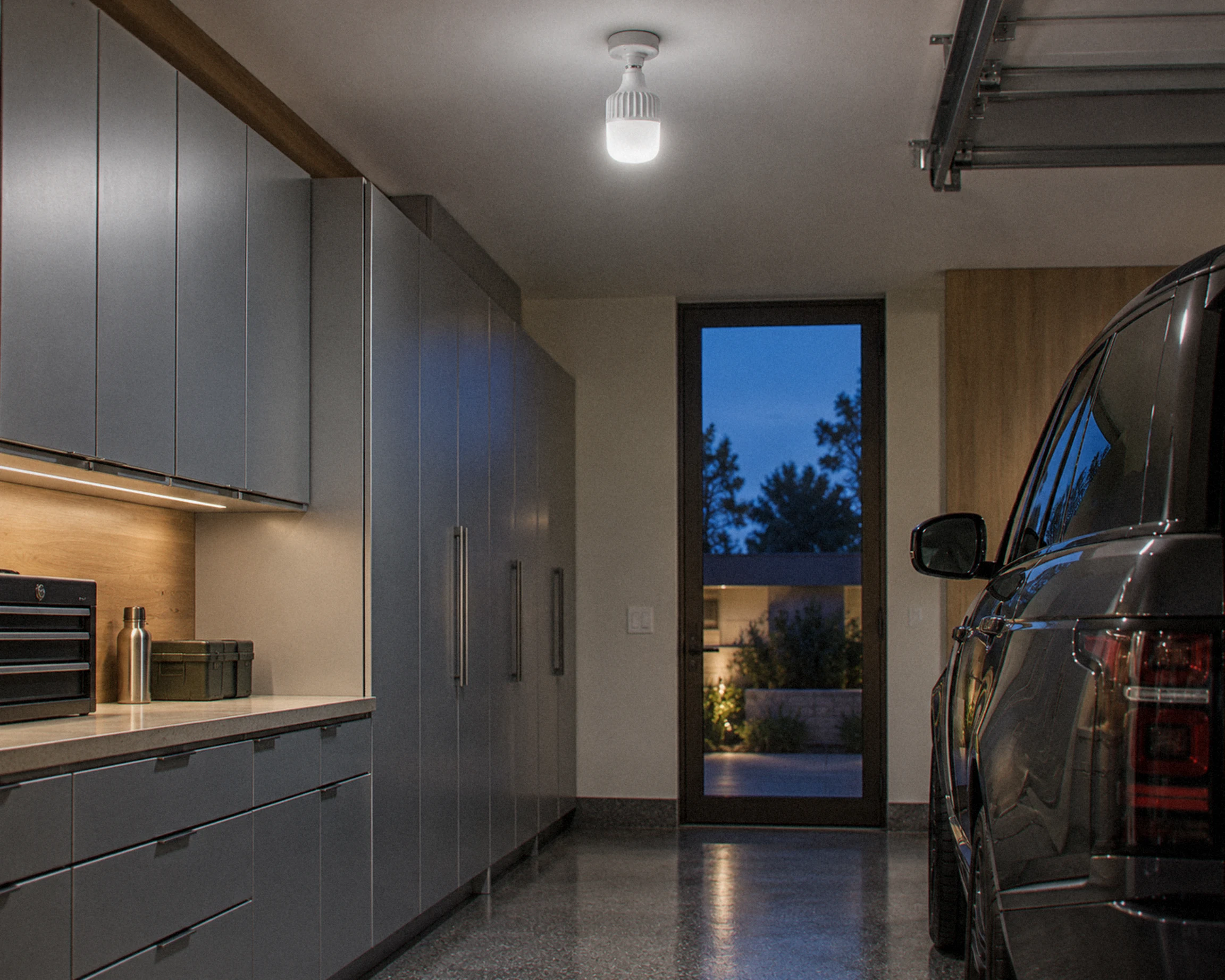 Zone 5,000 lumen garage bulb, shown in a typical installation (illustration)