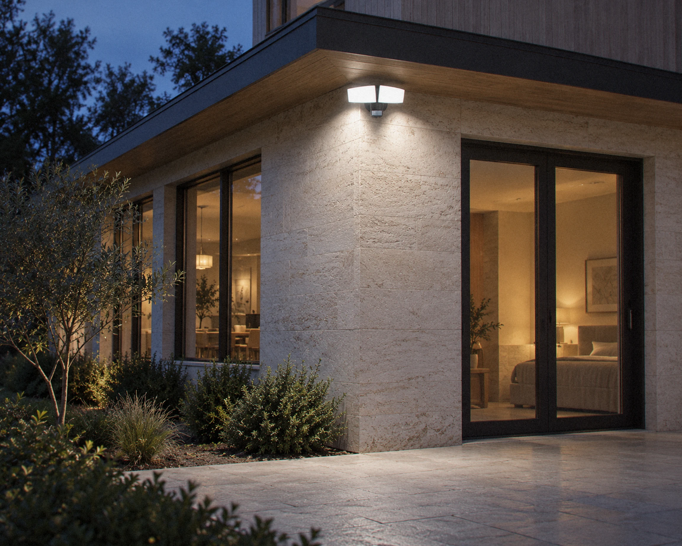 Zone 2-head motion security light, shown in a typical installation (illustration)