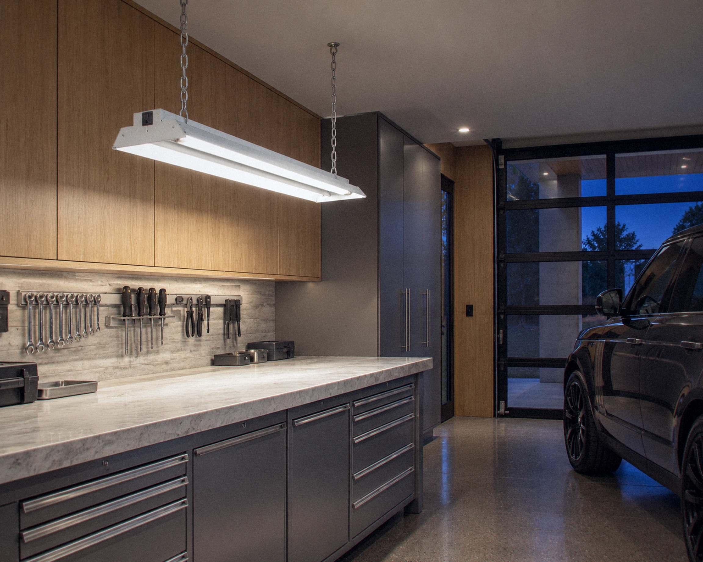 Zone 4 ft 2-light shop light, shown in a typical installation (illustration)