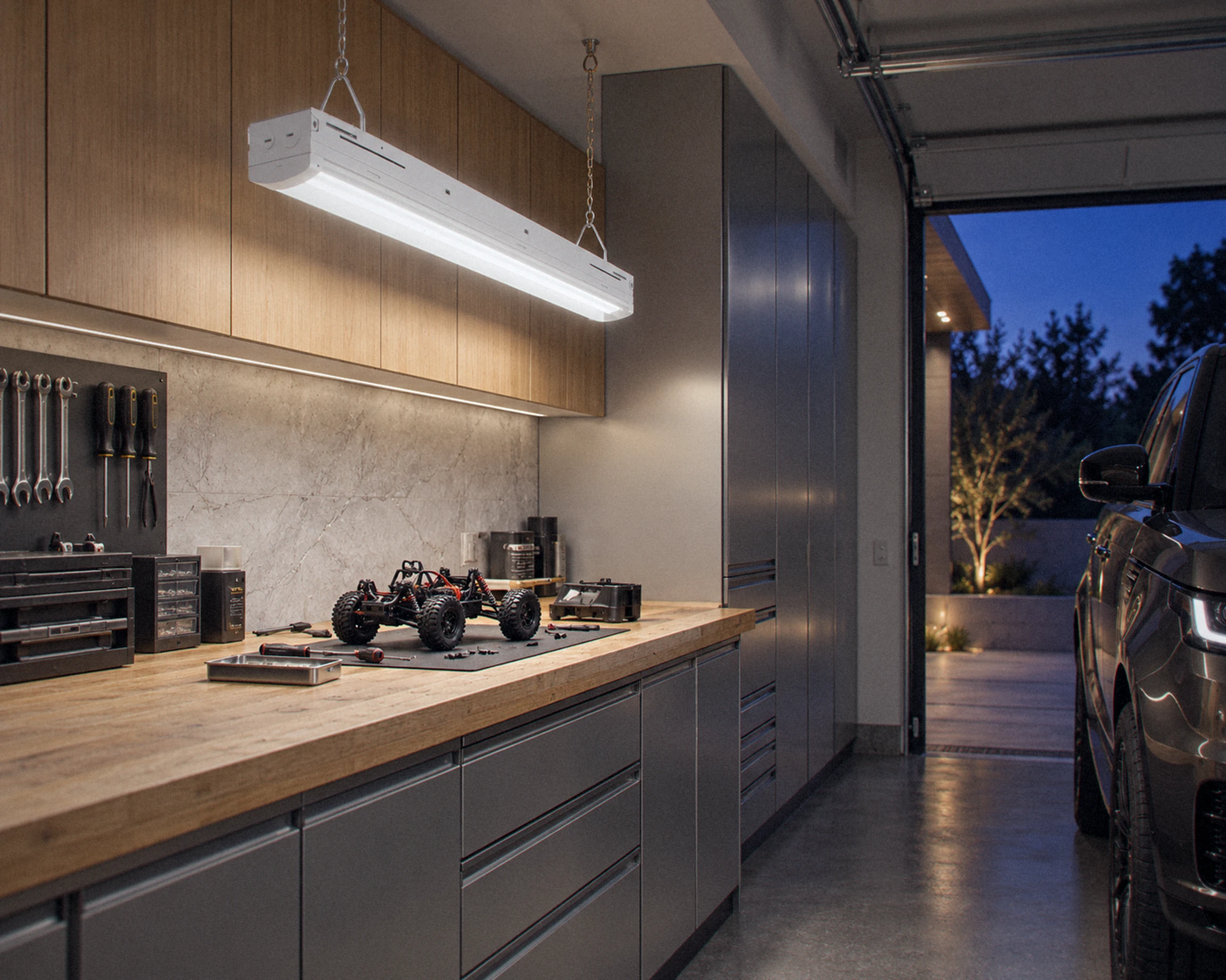 Zone 4 ft integrated shop light, shown in a typical installation (illustration)