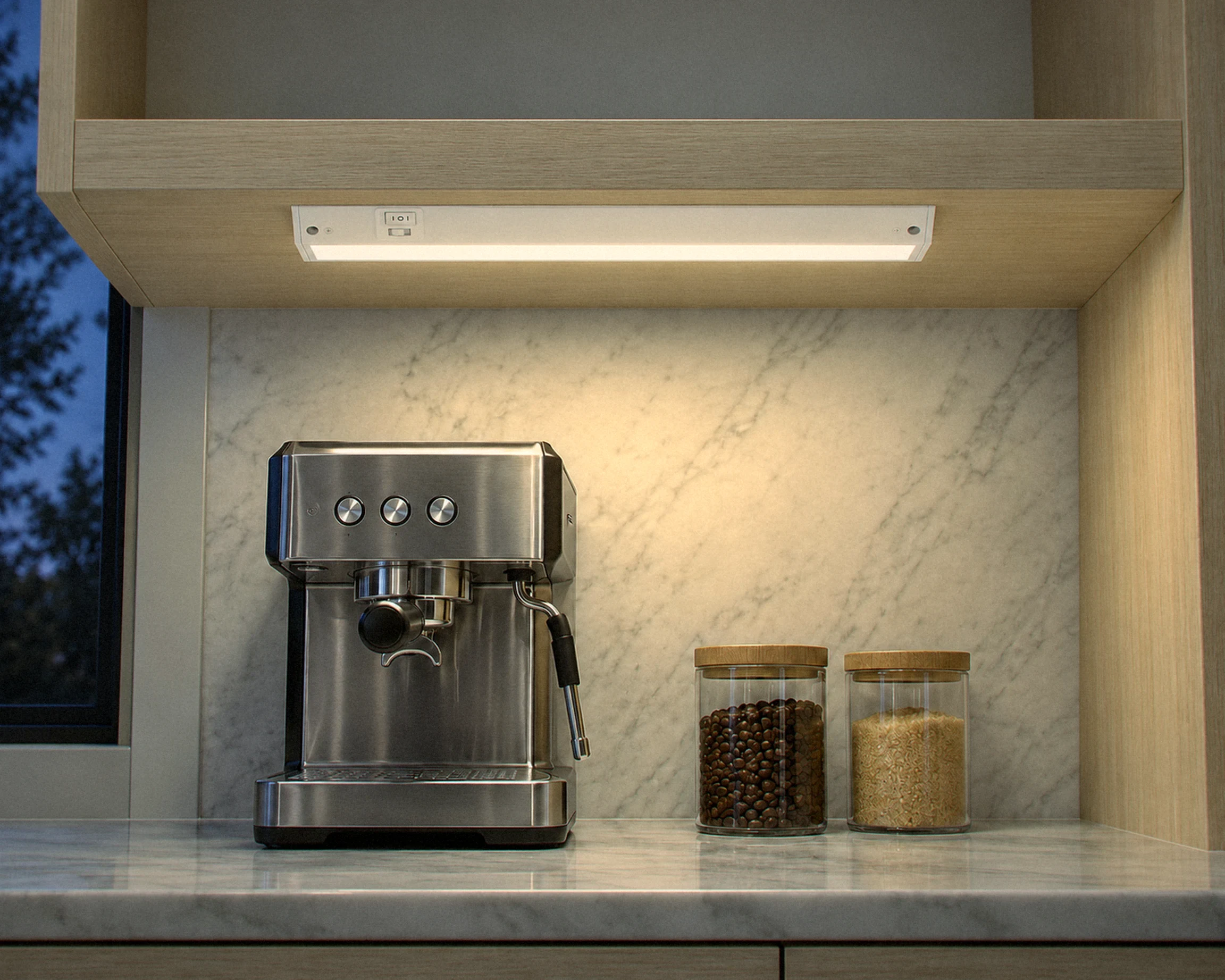 Zone Under-cabinet light bar, motion sensor, shown in a typical installation (illustration)