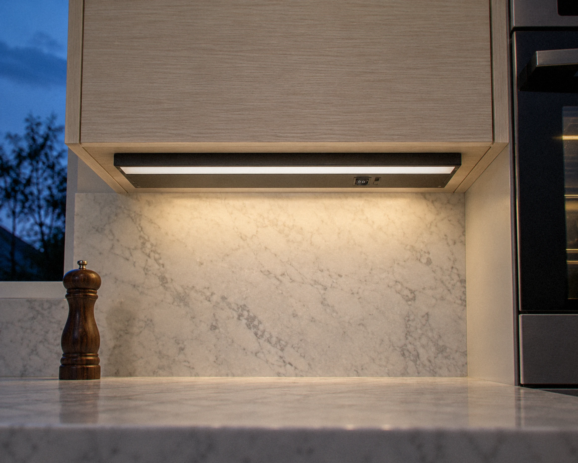 Zone 18 in. 3-CCT linkable under-cabinet light, shown in a typical installation (illustration)